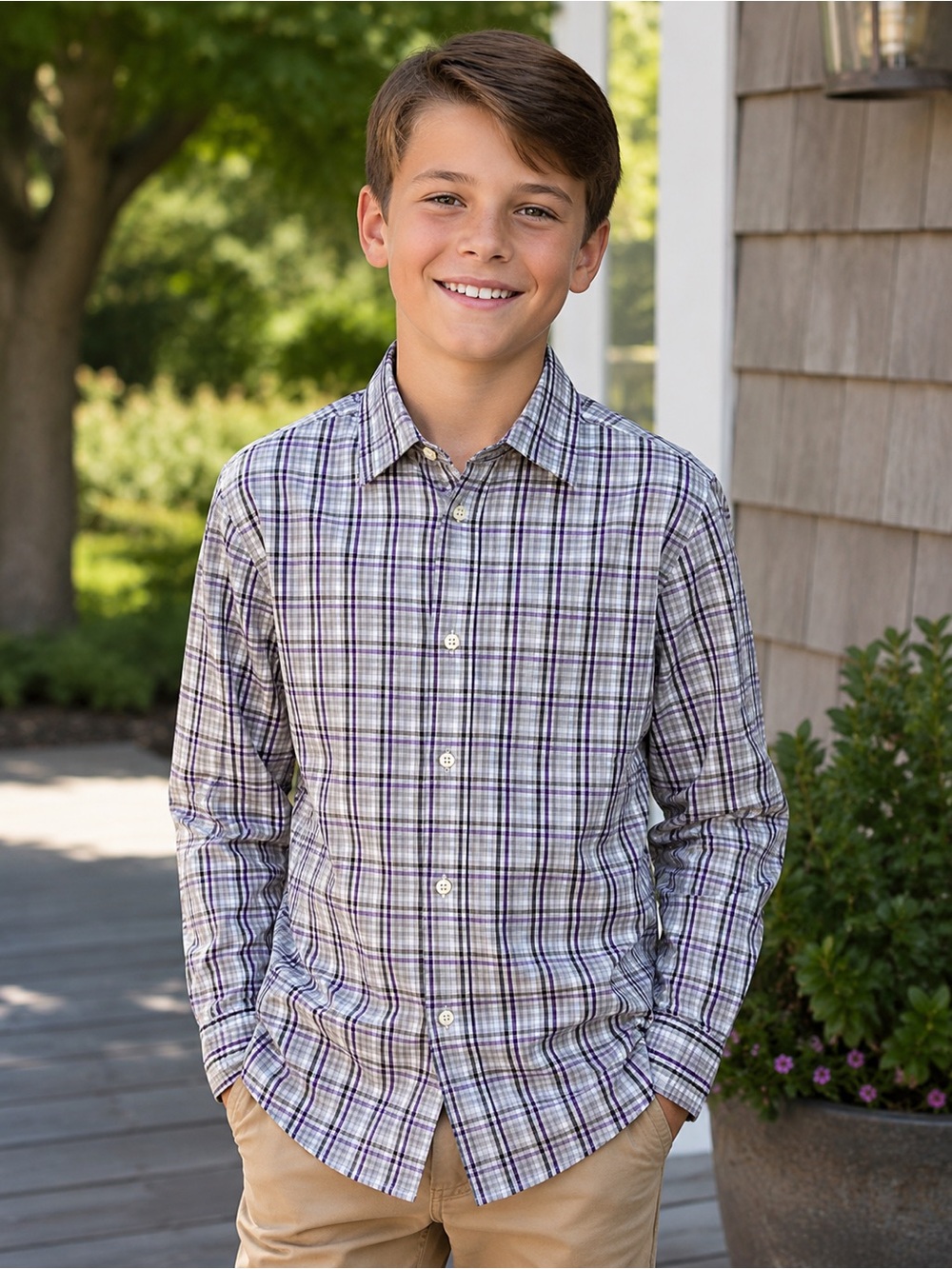 CHAPS Boys Plaid Stretch Button Up Shirt Long Sleeve Gray Purple Size M 10-12